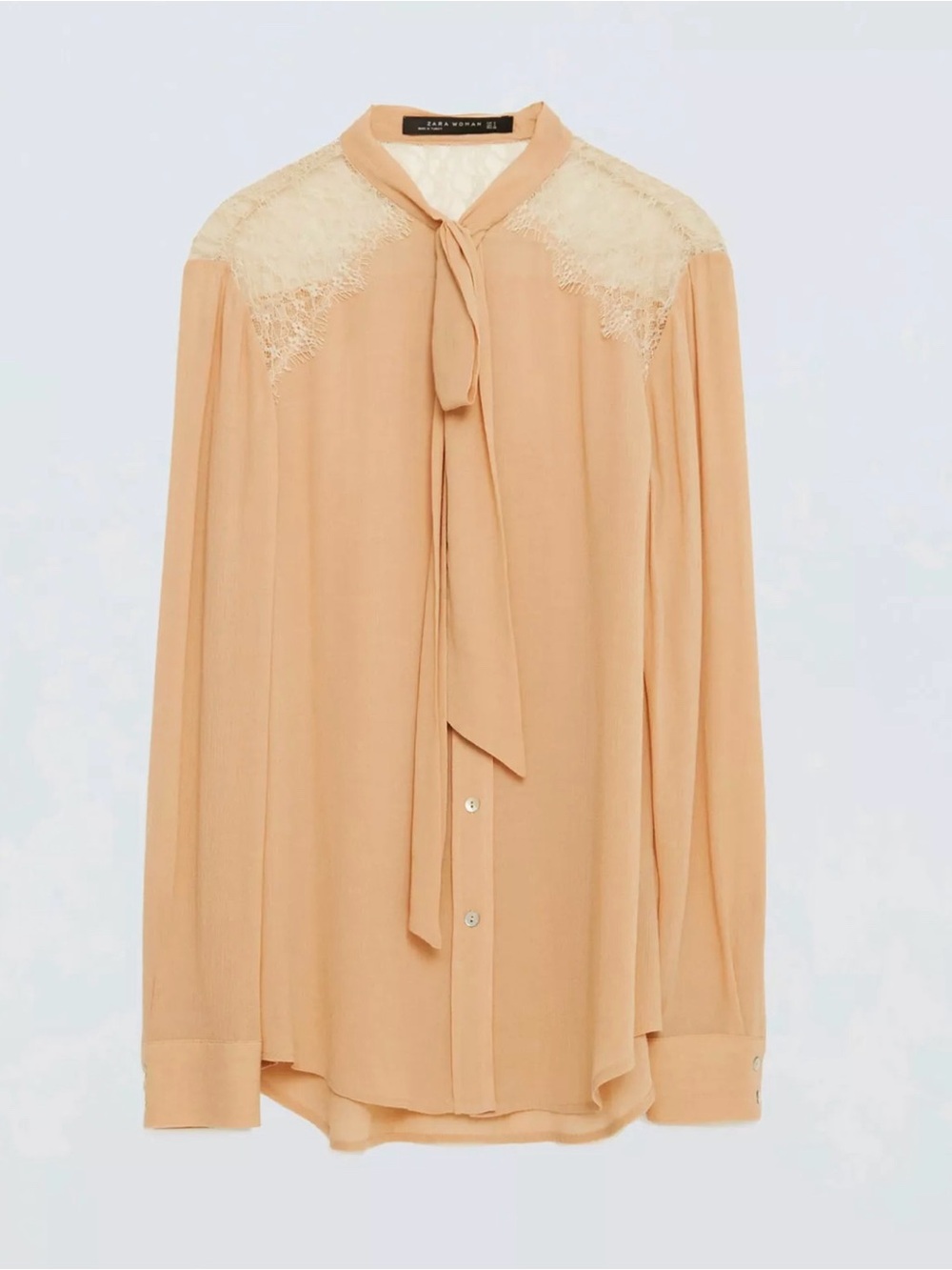 Zara Peach Tie-Neck Blouse with Lace Yoke